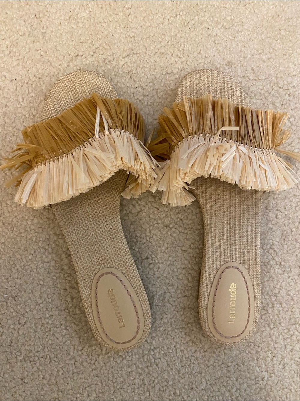 Larroude Neutral Raffia Fringe Slide Sandals - Tan & Cream